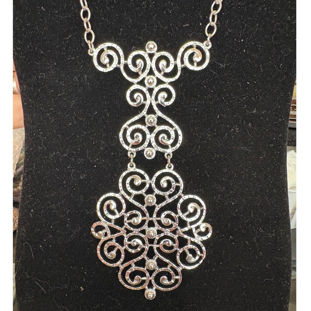 Emmons Vintage Silver Tone Filigree Scroll Statement Bib Necklace 22 Inch